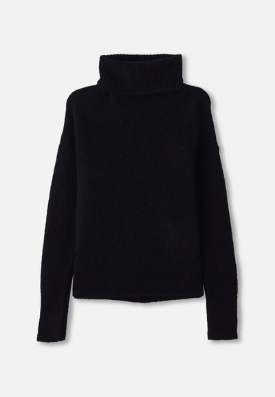 Black, chunky knit sweater with a high, ribbed turtleneck and long sleeves. Soft texture, straight-cut hem, and no visible patterns or embellishments.