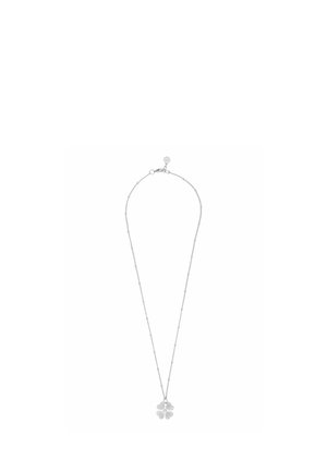 Delicate silver chain necklace with small beads and a pendant shaped like a four-leaf clover.