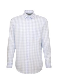 Hellblaue karierte Langarmshirt aus einem Stoff mit glatter Textur. Es hat einen Button-Down-Kragen und eine einzelne Brusttasche.