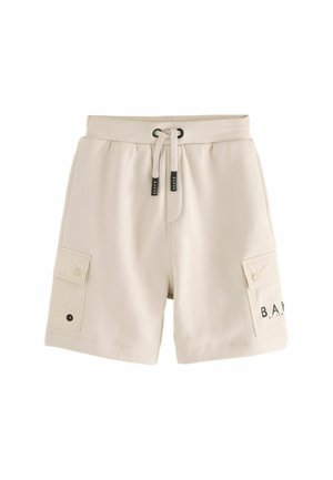 Shorts en coton beige avec une taille ajustable, deux poches latérales et une poche cargo dotée d'un bouton-pression et d'un détail de logo.