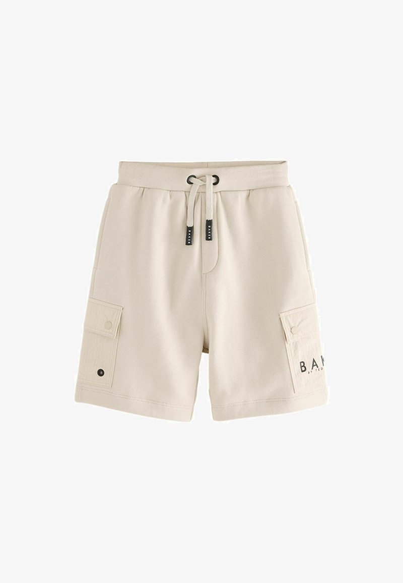 Beige Baumwollshorts mit einem verstellbaren Bund, zwei Seitentaschen und einer Cargo-Tasche mit Druckknopf und Logodetail.