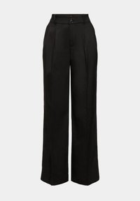 Pantalon sur mesure noir avec plis, doté d'une ceinture à deux boutons, coupe droite et texture lisse.
