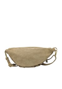 Sac à main en suédine beige, de forme courbée en demi-lune. Possède deux poignées et des accents en métal doré. Texture douce avec des détails froncés.