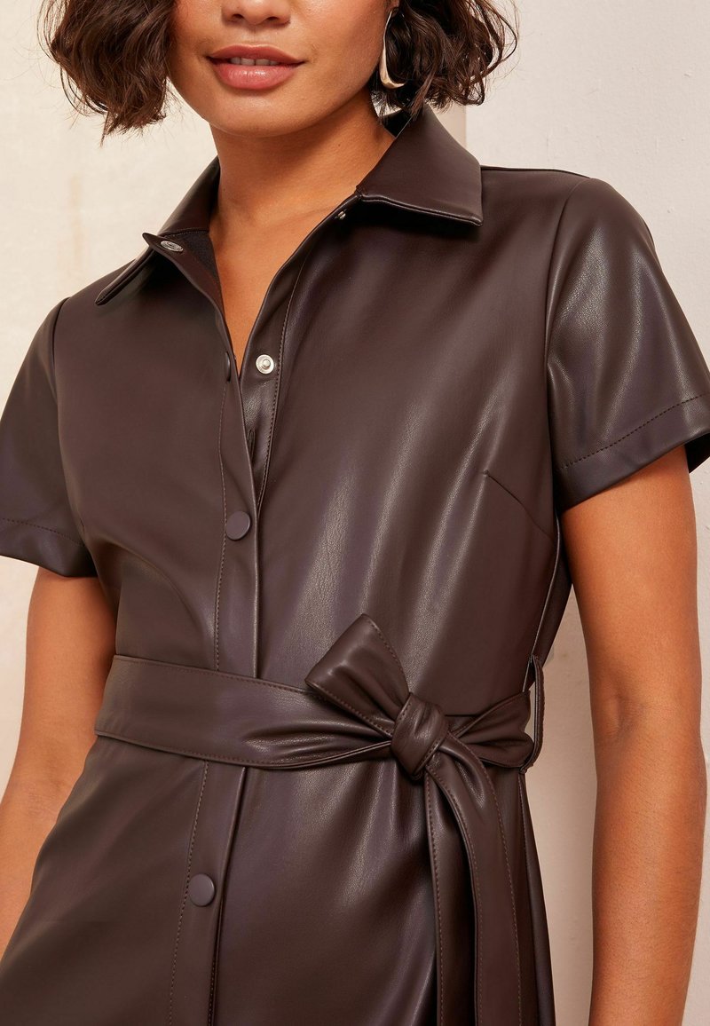 brown faux leather shirt dress Own The World Faux Leather Dress In Chocolate main image 1