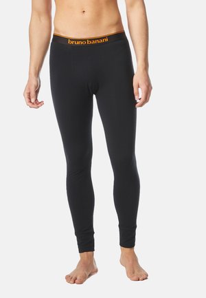 Black leggings made of smooth fabric with a form-fitting design. Features a thick orange-elastic waistband labeled "bruno banani."