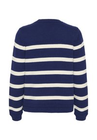 Navy blue knitted sweater with horizontal white stripes, ribbed cuffs and hem, round neckline, and a smooth texture.