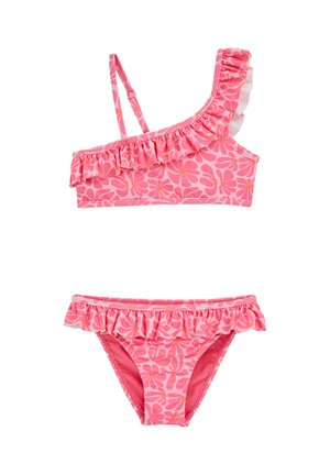 Roze tweedelig kinderzwemkleding met een oranje bloemenpatroon, met ruches op het topje met één schouder en aan de taille van de onderbroek.
