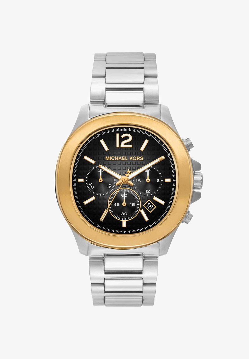 Srebrny metalowy zegarek z złotą lunetą, czarną tarczą, trzema subtarczami, złotymi indeksami godzinowymi, wskazówkami oraz datownikiem na godzinie 16, branding Michael Kors.