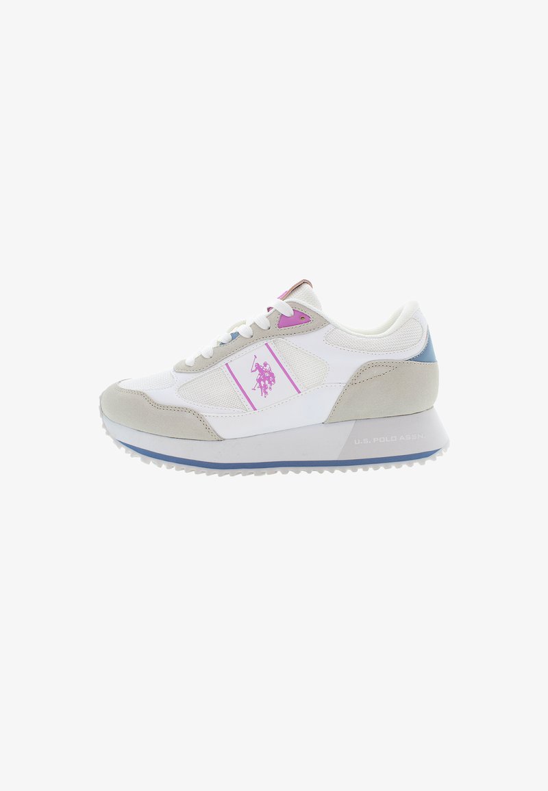 White and beige athletic shoe with mesh and suede textures, purple accents, and a logo. Features a cushioned sole with ribbed detailing.