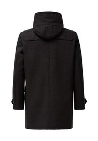 Abrigo de lana oscura con capucha, corte recto y mangas largas. Presenta puños abotonados y un diseño de espalda limpio y minimalista.