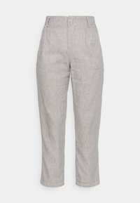 Ljust grå linbyxor med hög midja, veckad front, avsmalnande anklar och sidfickor. Slät textur med subtil väv.