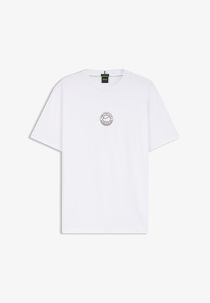 White short-sleeve T-shirt with a small circular "BOSS Tennis Club" logo centered on the chest.