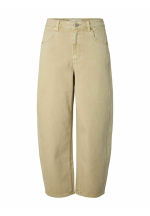 Lys beige denim cropped bukser med rett ben, med design av fem lommer og frontknapplukking.