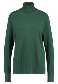 Zielony sweter w serek wykonany z miękkiego dzianiny, z długimi rękawami, ściągaczami przy mankietach oraz ściągaczem u dołu. Brak widocznych logo lub wzorów.