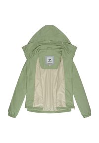 Light green jacket with a hood, featuring a beige lining, elastic cuffs, and a logo tag on the interior. Smooth texture and minimalist design.
