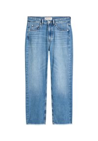 Jean droit bleu avec une teinture délavée, cinq poches, fermeture à bouton et ourlet effiloché, étiqueté Marc O'Polo.