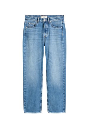 Blauwe rechte jeans met een vervaagde was, vijf zakken, knoopsluiting en een rafelige zoom, gelabeld Marc O'Polo.