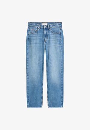 Niebieskie jeansy o prostym kroju z wyblakłym odcieniem, pięć kieszeni, zapięcie na guzik i postrzępione wykończenie, sygnowane Marc O'Polo.