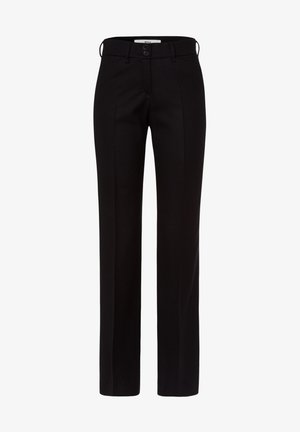 Pantalones negros a medida de pierna recta con trabillas para cinturón, botones delanteros y una sutil raya en las piernas.