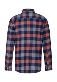 Langärmliges Hemd mit Knopfleiste im blau, grau und rostorange Karomuster, von hinten gezeigt.