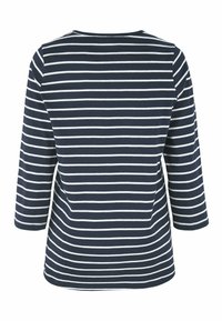 Marineblau-weiß gestreiftes Langarmoberteil mit Rundhalsausschnitt und lockerer Passform, aus weichem Baumwollstoff gefertigt.