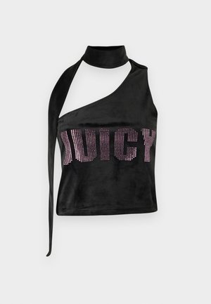 Crni halter crop top od baršunastog materijala s asimetričnim dizajnom i kamenčićima koji čine natpis "JUICY" sprijeda.