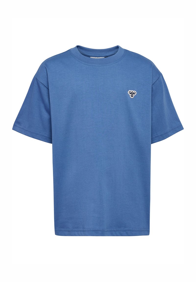 Blå bomulls t-shirt med korta ärmar, rundad halsringning och en liten broderad logotyp på vänster bröst. Slät textur, vanlig passform.