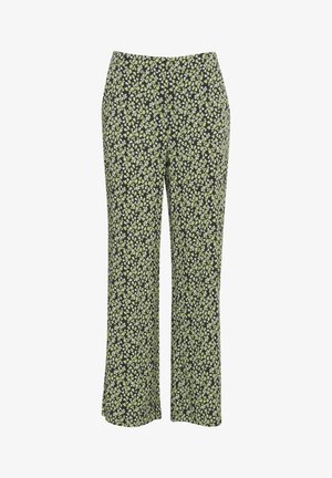 Pantalons noirs avec un motif floral comportant de petites fleurs vertes et blanches. Design à jambe droite, fabriqués en tissu léger.