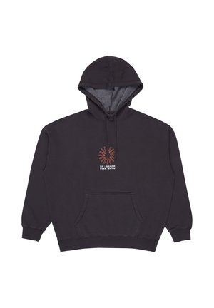 Felpa nera con tasca a marsupio e cappuccio con lacci. Presenta un logo stampato rosso e bianco sul davanti. Texture interna morbida.