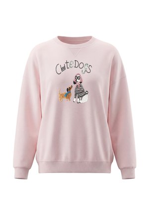 Lichtroze sweatshirt met geborduurde tekst "Cute Dogs" en twee paillettenhondjes, één kleine bruine en één grotere met bril en strepen.