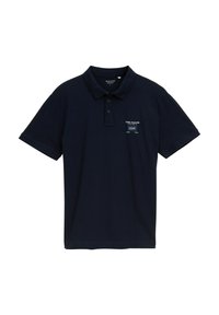 Marineblauwe polo shirt van gestructureerde stof met een drieknoopsluiting en een klein borstlogo. Korte mouwen met een comfortabele pasvorm.