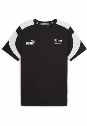 Schwarzes T-Shirt mit kurzen Ärmeln und weißen Akzenten an den Schultern. Mit Puma- und BMW Motorsport-Logos. Hergestellt aus Baumwolle, mit glatter Textur.