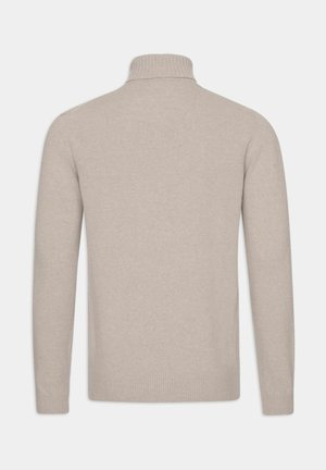 Maglione beige a girocollo con colletto a coste alto e maniche lunghe, texture liscia e orli e polsini a coste. Design semplice e monocromatico.