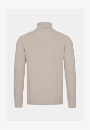 Beige pullover sweater met een hoge ribbelkraag en lange mouwen, gladde textuur en ribgebreide zoom en manchetten. Eenvoudig, effen kleurontwerp.