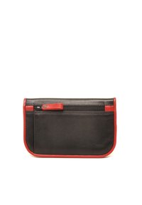 Zwarte leren tas met een rode rand, voorzien van een bovenste rits en een extra voorvak met een vergelijkbare rits. Gladde textuur.