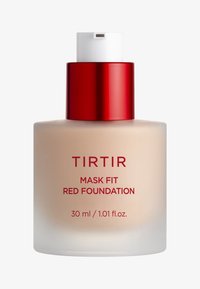 TIRTIR Mask Fit Red Foundation in a frosted glass bottle with a red metallic cap. Contains 30 ml/1.01 fl. oz. Smooth, matte finish, lightweight texture.