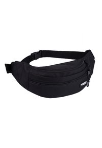 Schwarze Hüfttasche aus robustem Stoff, mit zwei Reißverschlusstaschen und einem verstellbaren Schultergurt für sicheren Halt.