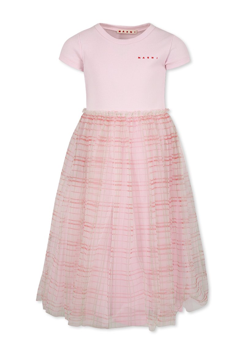 Abito rosa con una parte superiore aderente a maniche corte e una gonna stratificata e trasparente con un motivo a quadretti. Logo ricamato sul petto.