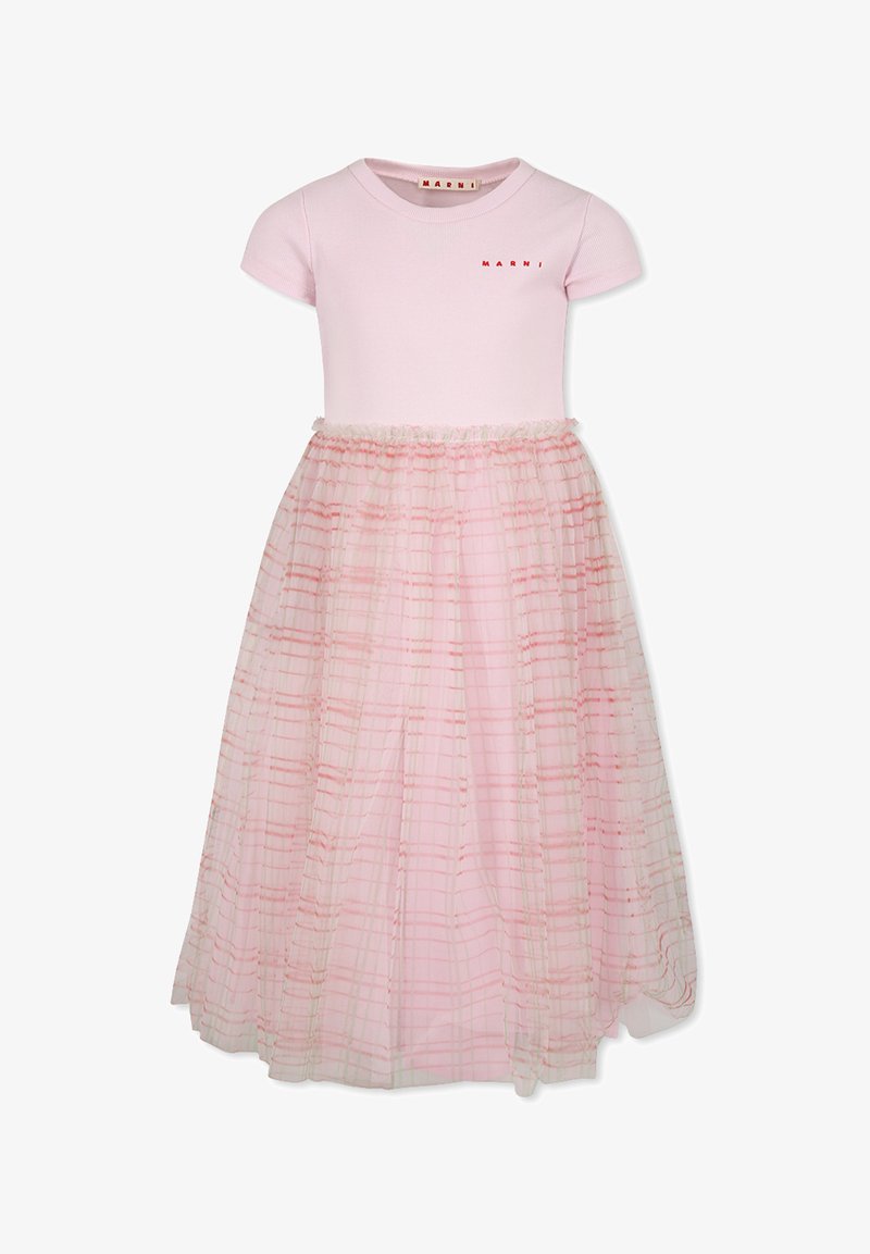 Abito rosa con una parte superiore aderente a maniche corte e una gonna stratificata e trasparente con un motivo a quadretti. Logo ricamato sul petto.