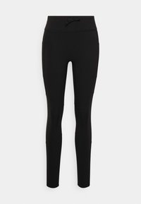 Black leggings made from stretchy material with a high waistband, featuring a front drawstring and a smooth, seamless design.