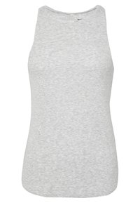 Top grigio senza maniche realizzato in tessuto a costine. Presenta un collo rotondo e una texture sottile. Logo del marchio in nero sul collo.