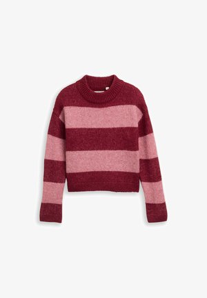 Gestreifer, roter und rosa kurzer Pullover mit ribbed Rundhalsausschnitt und weicher Textur. Lange Ärmel mit weitem, lockerem Schnitt.
