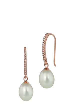 Rose gold earrings featuring a textured, slim lever back, adorned with small clear gemstones, holding a large, smooth white pearl drop.