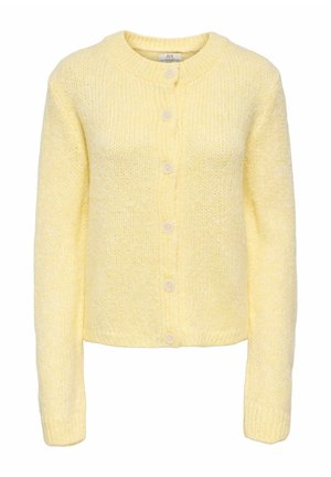 Cardigan galben tricotat cu gât rotund, mâneci lungi și cinci nasturi în față. Textură moale cu un model discret pestriț pe toată suprafața.