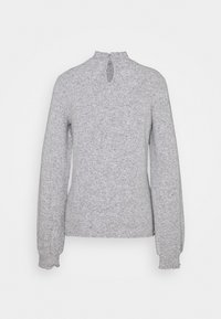 Gray long-sleeve top made from a textured fabric featuring a high neck with a keyhole cutout at the back and gathered cuffs.