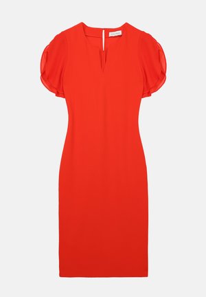 Red dress with short puff sleeves, V-neckline, and a keyhole back. Made from smooth fabric, features a fitted silhouette.