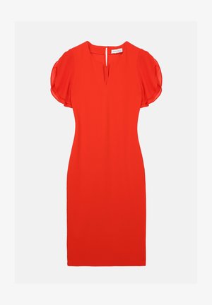 Red dress with short puff sleeves, V-neckline, and a keyhole back. Made from smooth fabric, features a fitted silhouette.