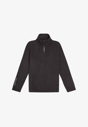 Zwarte fleece pullover met een hoge kraag en een rits tot halverwege, voorzien van witte branding en logo's op de mouwen en de borst. Zachte textuur.