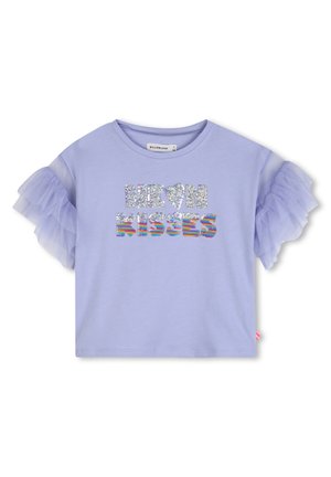 Lilac short-sleeve shirt with ruffled mesh sleeves, glitter "NEON" text with heart, and rainbow-striped "KISSES" text on front.