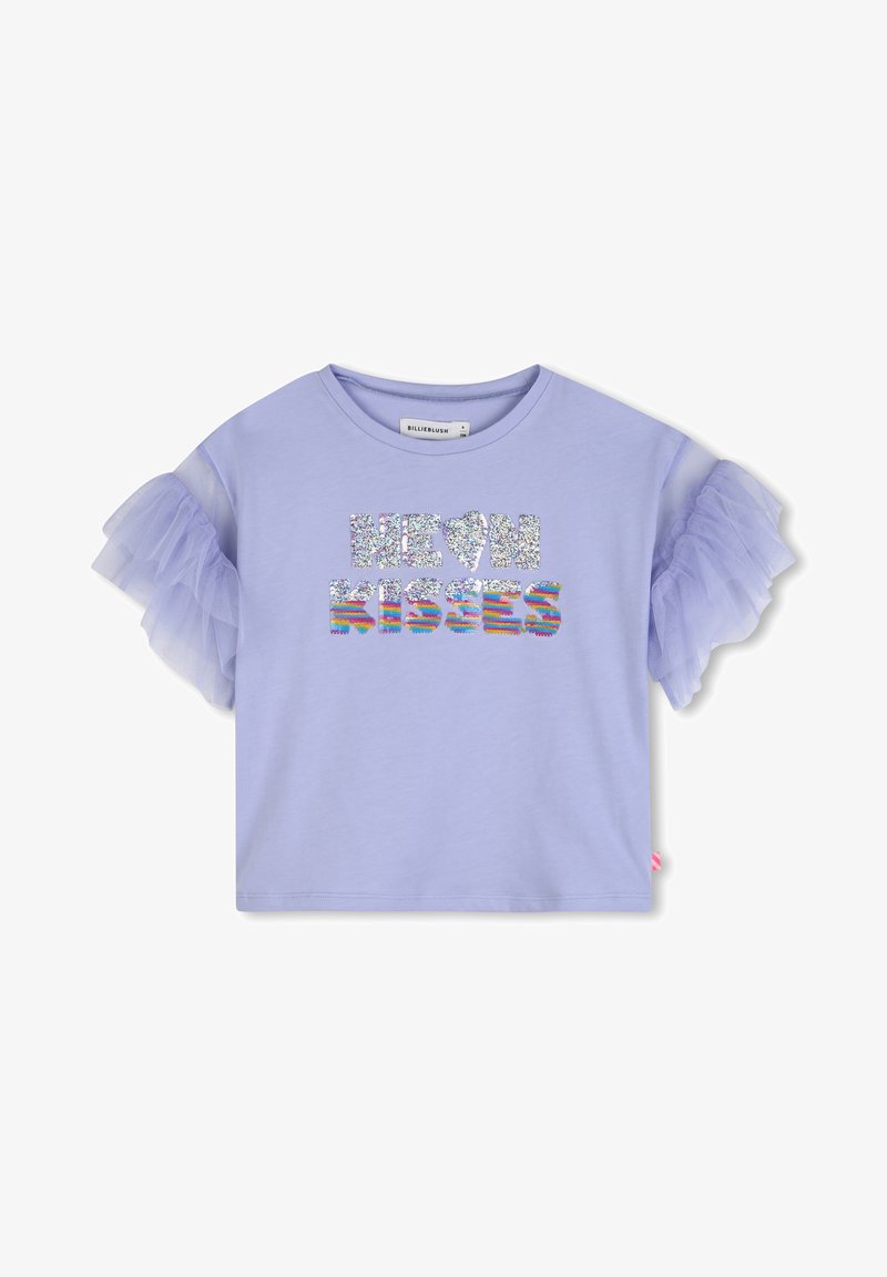 Fialová košile s krátkým rukávem a volánky z průhledné síťoviny, třpytivý nápis "NEON" srdcem a nápis "KISSES" v duhových pruzích na přední straně.